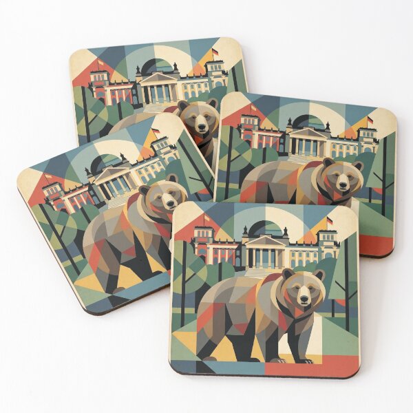 Item preview, BERLIN Vintage Travel Illustration - Geometric Bear Standing in a Cubist Plaza designed and sold by ZUMERI.