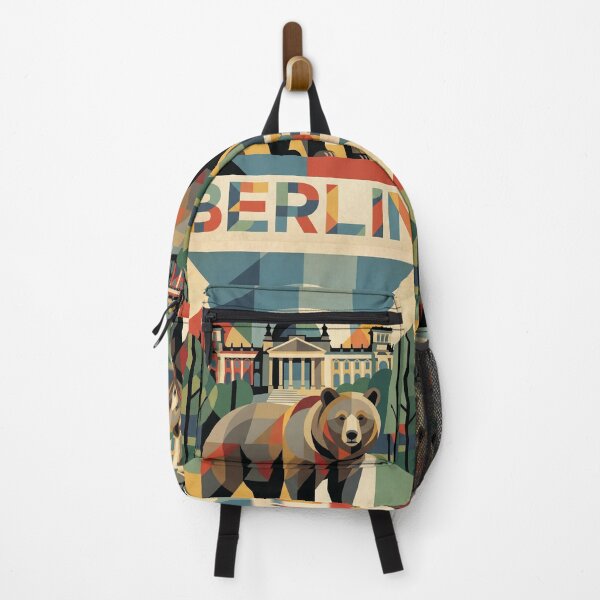 Item preview, BERLIN Vintage Travel Illustration - Geometric Bear Standing in a Cubist Plaza designed and sold by ZUMERI.