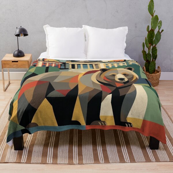 Item preview, BERLIN Vintage Travel Illustration - Geometric Bear Standing in a Cubist Plaza designed and sold by ZUMERI.