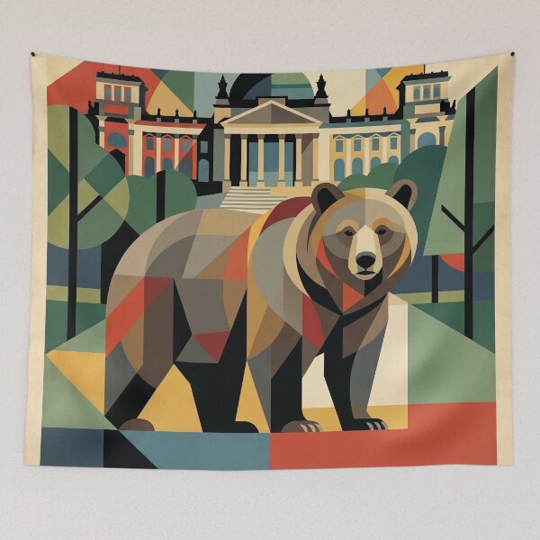 Item preview, BERLIN Vintage Travel Illustration - Geometric Bear Standing in a Cubist Plaza designed and sold by ZUMERI.