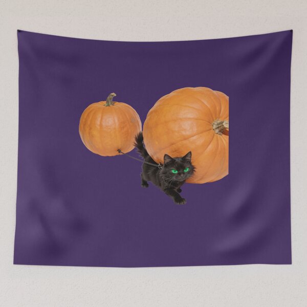 Item preview, Black Cat Carrying Two Pumpkins for Halloween designed and sold by OksArtStudio.