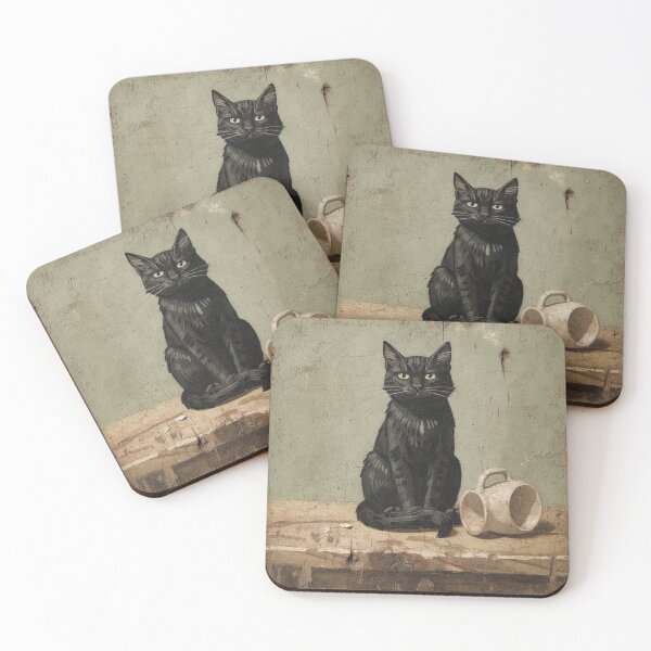 Item preview, Serious Black Cat Denying It Knocked the Mug Off the Table Folk Art designed and sold by PictorialWhimsy.