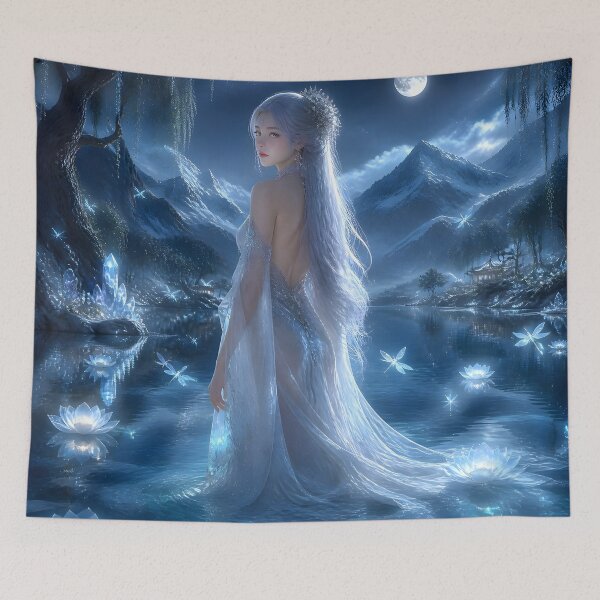 Item preview, Lady of the Crystal Lake Moonlit Fantasy Woman with Glowing Lotus Flower designed and sold by LittleBigGifts.