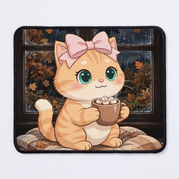 Item preview, Cute Fall Rainy Window Cat Cocoa Autumn Cozy Marshmallow designed and sold by Moody Vibes Studio.