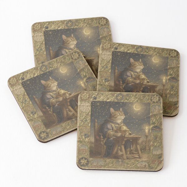 Item preview, Medieval Cat Astronomer Charting the Stars With an Astrolabe Manuscript Art designed and sold by PictorialWhimsy.
