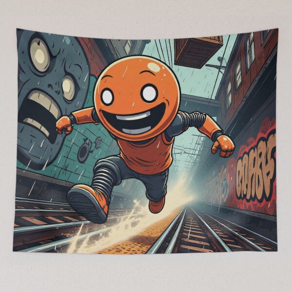Item preview, Orange boy runs across railway tracks designed and sold by Mianku | Für das Leben.