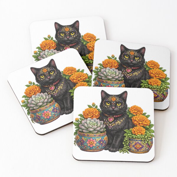 Item preview, Día de los Muertos Black Cat – Spooky Botanical Cat Lover Art designed and sold by CottageGardenCo.