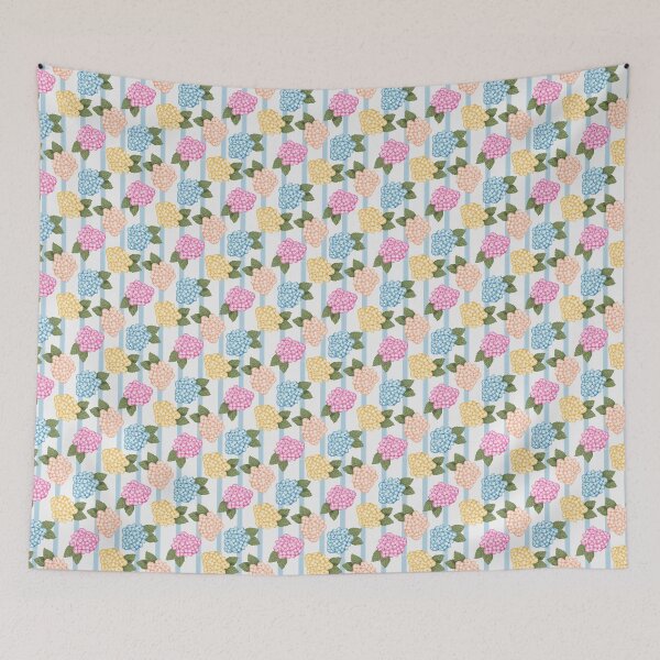 Item preview, Blue Pink Peach and Yellow Hydrangea Garden with Blue Stripes designed and sold by JasmineGDesigns.