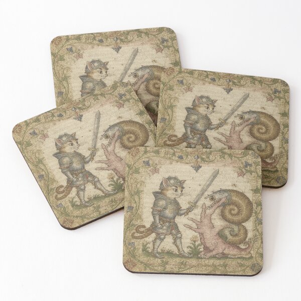 Item preview, Medieval Cat Knight Dueling a Giant Armoured Snail Manuscript Art designed and sold by PictorialWhimsy.