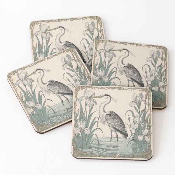 Item preview, Art Nouveau Heron Among Iris Flowers Gold Print designed and sold by PictorialWhimsy.