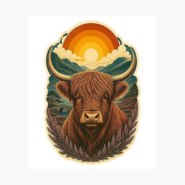 Item preview, Highland Cow in the Heather Valley Wild Animal Vintage Engraving Art designed and sold by VisualArtsOasis.