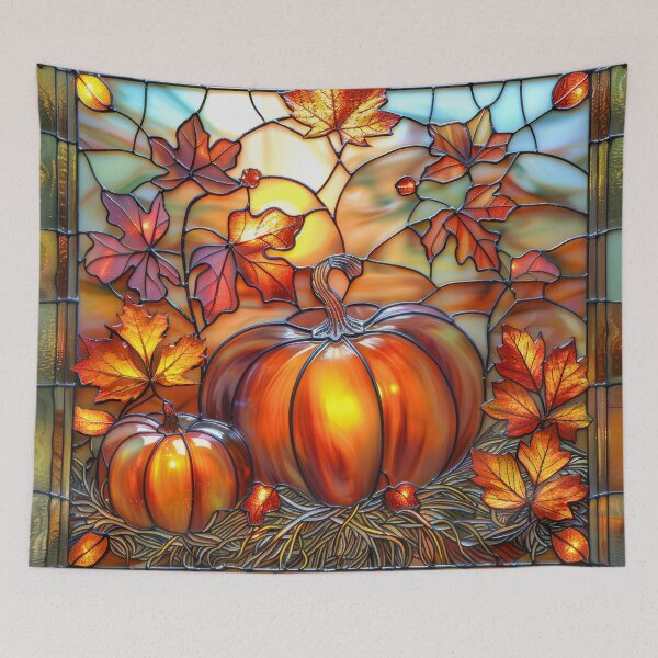 Item preview, Autumn Pumpkin Stained Glass – Fall Maple Leaves Sunset Nature Art designed and sold by MargaretWiktor.