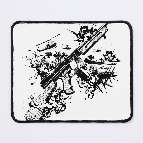 Item preview, tommy gun military illustration vector black and white 60s 70s  designed and sold by dejco.art.