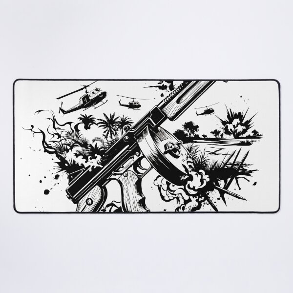 Item preview, tommy gun military illustration vector black and white 60s 70s designed and sold by dejco.art.