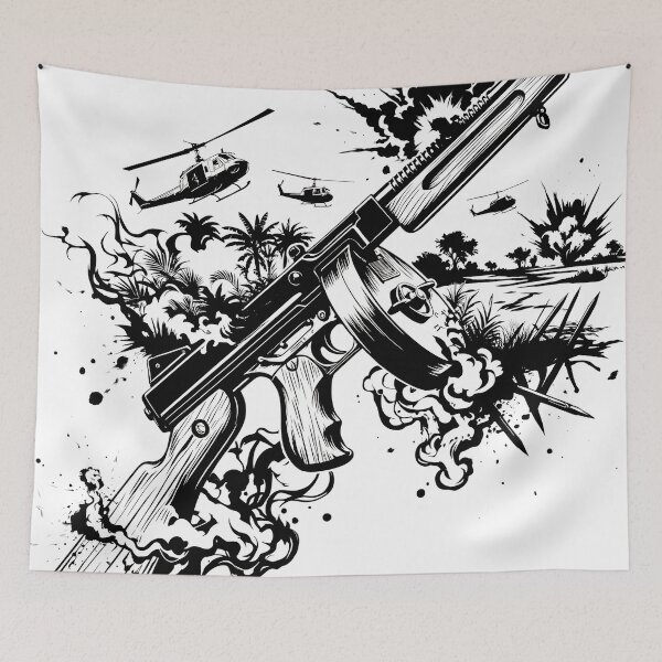 Item preview, tommy gun military illustration vector black and white 60s 70s  designed and sold by dejco.art.