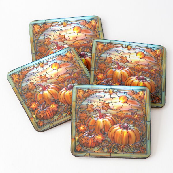 Artikelvorschau, Herbstliches Kürbis-Glasbild – Herbstliche Ahornblätter bei Sonnenuntergang – Naturkunst entworfen und verkauft von MargaretWiktor.
