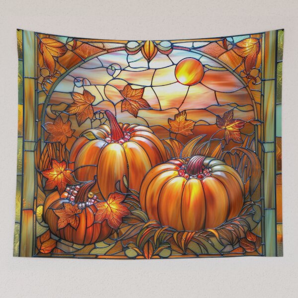 Item preview, Autumn Pumpkin Stained Glass – Fall Maple Leaves Sunset Nature Art designed and sold by MargaretWiktor.