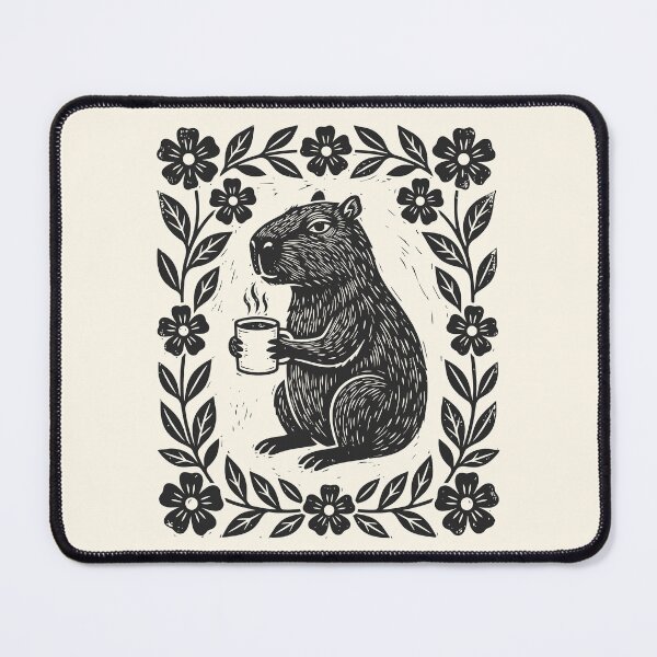 Item preview, Capybara Drinks Coffee Linocut Floral Caffeine Addict designed and sold by Y-Vibes.
