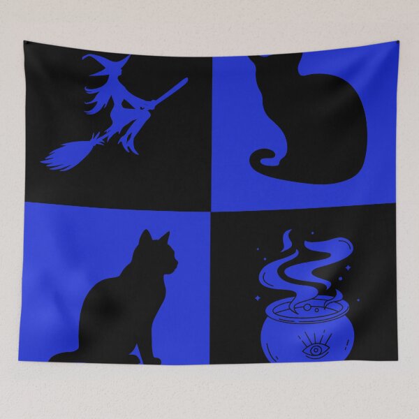 Item preview, Blue Halloween Grid Witch Cats and Cauldron designed and sold by Uniquely Yours.