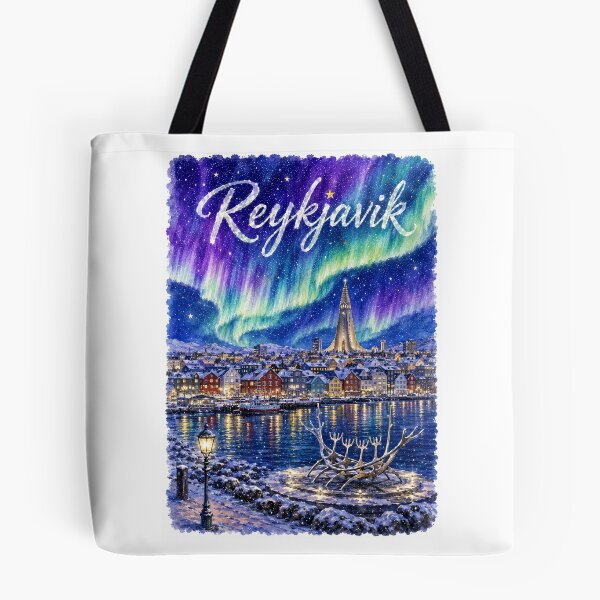 Item preview,  Reykjavik Iceland Northern light Travel Poster Whimsical designed and sold by TravelMarvel.
