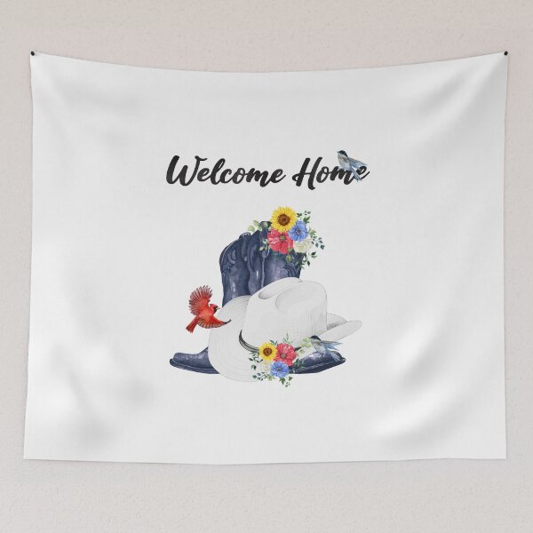 Item preview, Welcome Home with Cowboy Boots/Hat, Wildflowers & Birds designed and sold by JeweledDesigns.