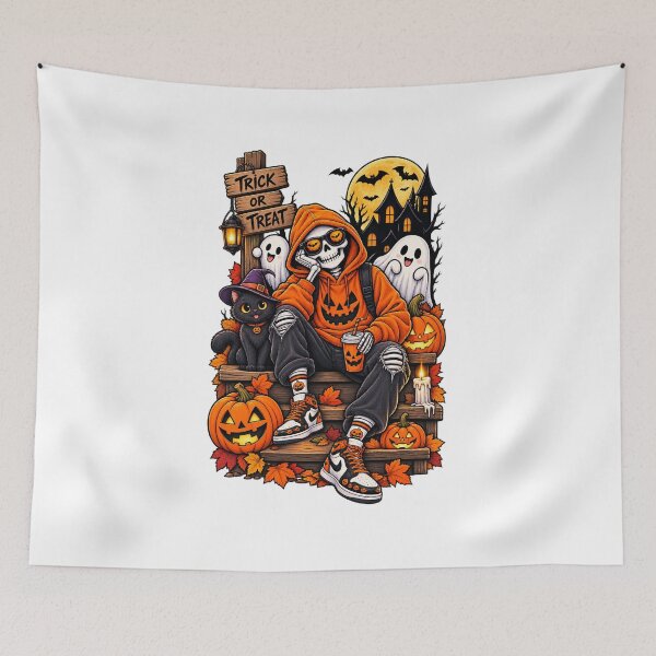 Item preview, Halloween Skeleton Orange Hoodie Black Cat Spooky Streetwear designed and sold by afr-saad.