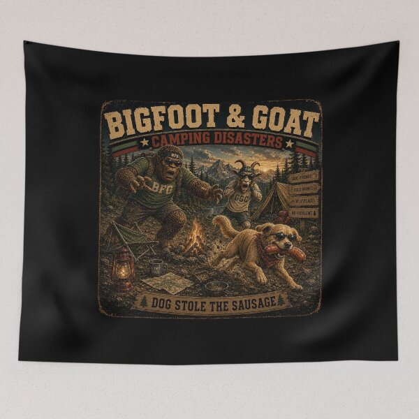 Item preview, Bigfoot And Goat Dog Stole The Sausage Funny Camping Disaster designed and sold by NicheBloom.