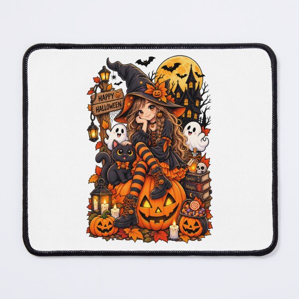 Item preview, Cute Halloween Witch Black Cat Pumpkin Anime Spooky Girl designed and sold by afr-saad.