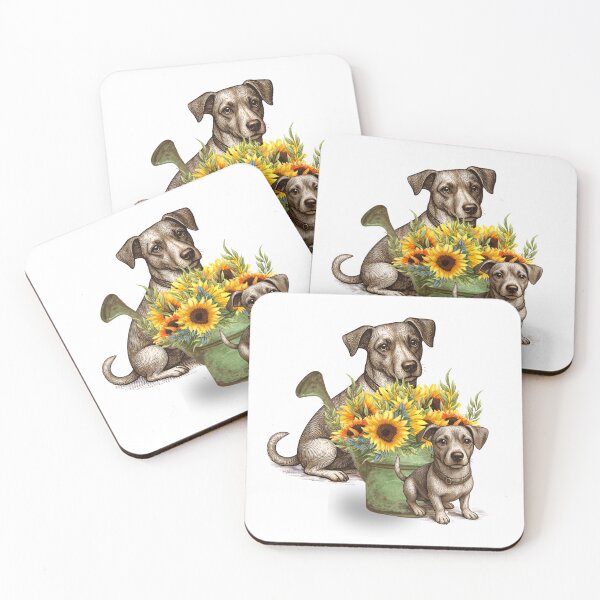 Item preview, Jack Russell puppy and adult with watering can and sunflowers designed and sold by jwturcott.