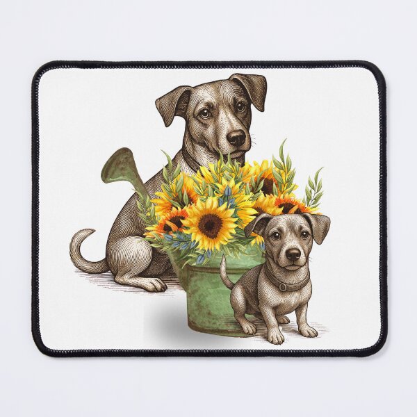 Item preview, Jack Russell puppy and adult with watering can and sunflowers designed and sold by jwturcott.