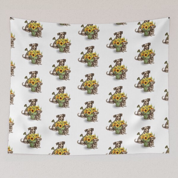 Item preview, Jack Russell puppy and adult with watering can and sunflowers designed and sold by jwturcott.
