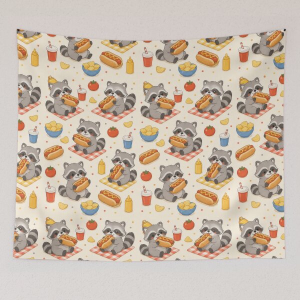 Item preview, Raccoon Hot Dog Picnic Kawaii Pattern designed and sold by Soft Berry Studio.
