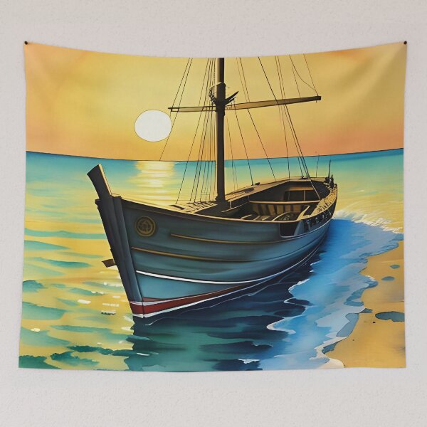 Item preview, Golden Sunset Boat: Serene Coastal Landscape designed and sold by Serene Strokes Art.