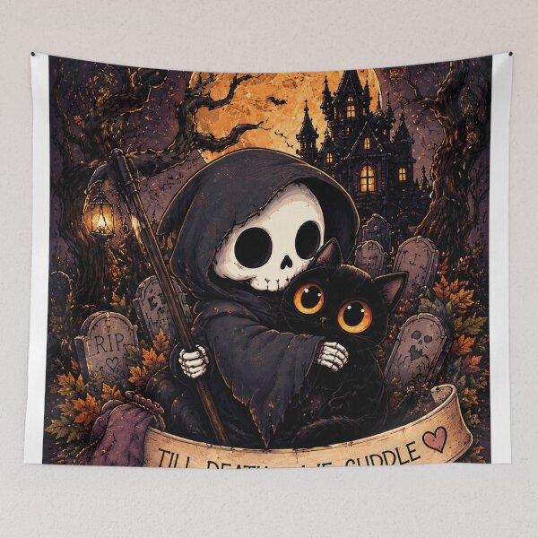 Item preview, Cute Grim Reaper and Black Cat Halloween – Till Death We Cuddle designed and sold by TeikunShop.