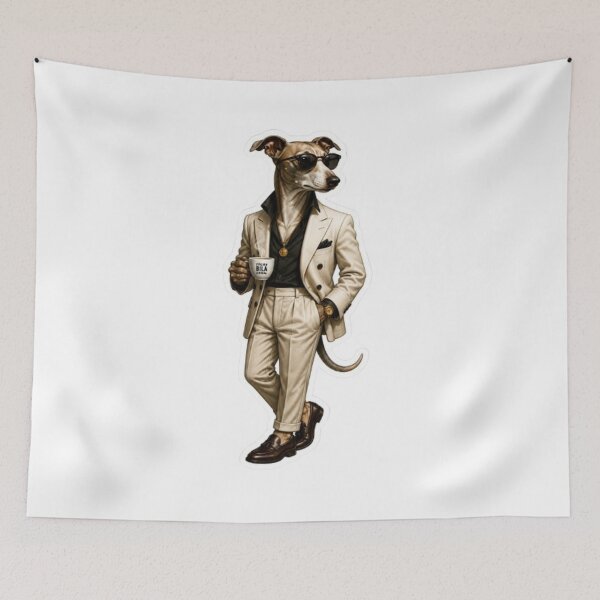 Item preview, Dapper Dog in White Suit with Coffee designed and sold by Snurly.