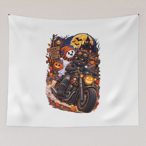 Item preview, Halloween Black Cat Biker Motorcycle Ghost Spooky Vibes designed and sold by afr-saad.
