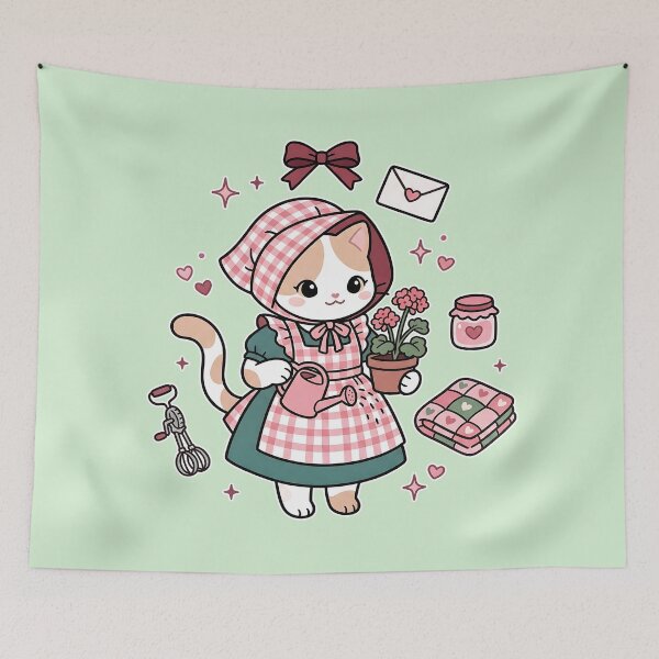 Item preview, Cozy Gardening Cat: Pink Gingham & Sweet Home designed and sold by CuteKats.