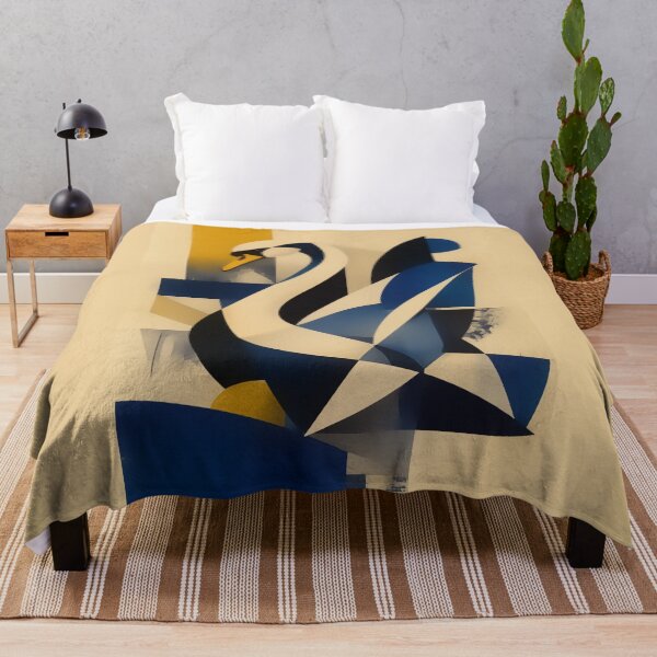 Item preview, Cubist Swan Abstract Geometric Bird — Blue & Gold Mid Century Art designed and sold by inkaylindesign.