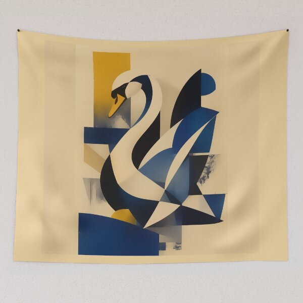 Item preview, Cubist Swan Abstract Geometric Bird — Blue & Gold Mid Century Art designed and sold by inkaylindesign.