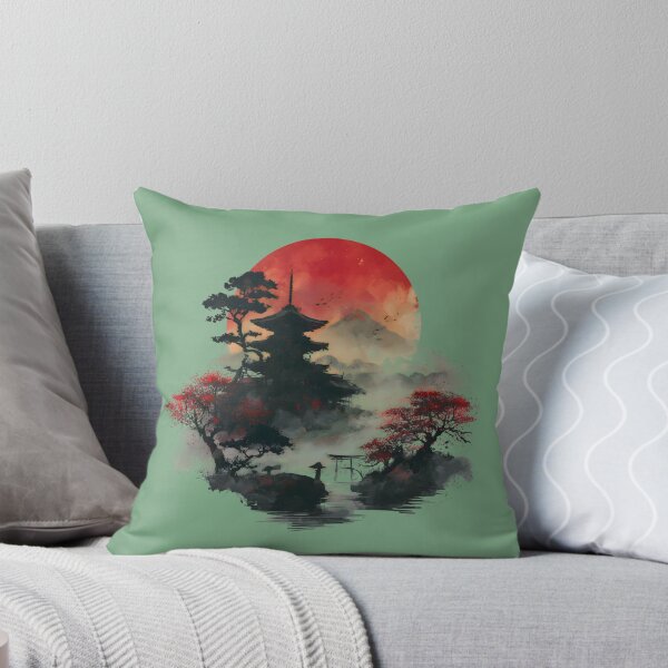 Item preview, Japanese Temple at Sunset – Japanese Ink Landscape with Red Moon and Cherry Blossoms designed and sold by DJbaite.