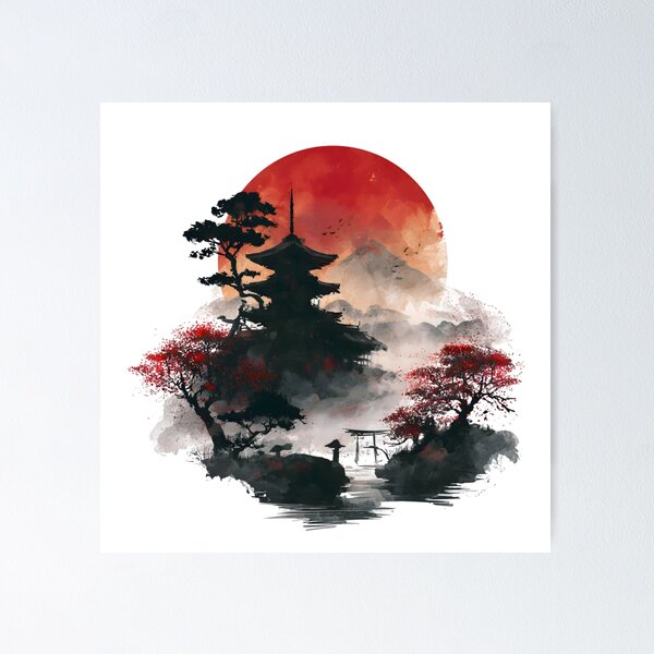 Item preview, Japanese Temple at Sunset – Japanese Ink Landscape with Red Moon and Cherry Blossoms designed and sold by DJbaite.