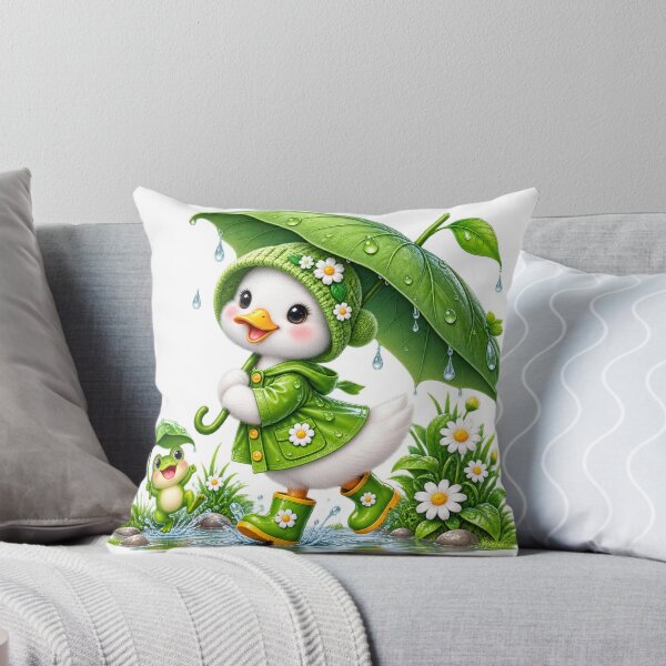 Item preview, Cute Duckling in Green Raincoat with Frog Under Leaf Umbrella, Rainy Day designed and sold by Reshmakhan.