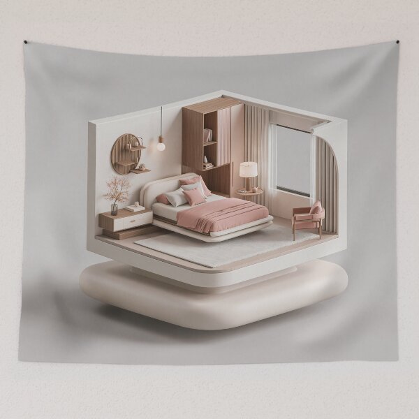 Item preview, Cozy Minimalist Bedroom Diorama – Modern Pink and Beige Interior designed and sold by FrostyFrisby.