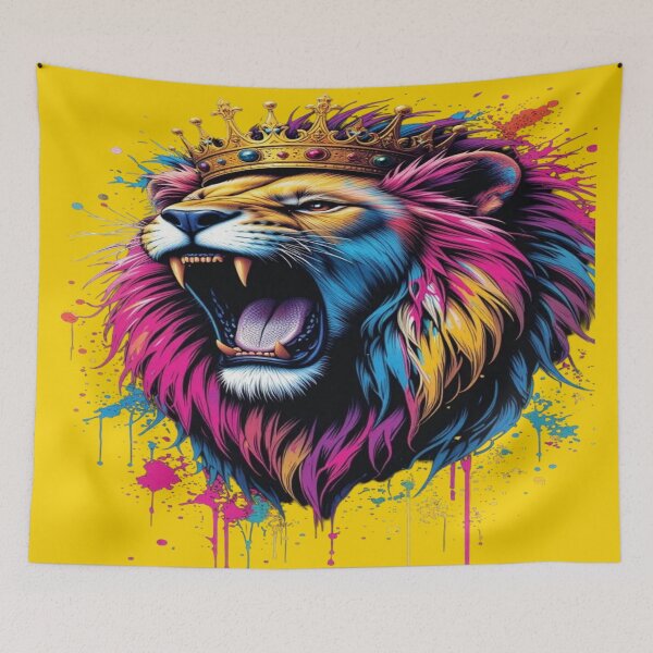Item preview, The Urban King of Unleashed Colors, Roaring Royal Lion - Street Art with Golden Crown and Multicolored Paint Splashes designed and sold by RAYBIL.