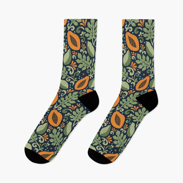 Item preview, Tropical Papaya Pattern – Polynesian Foliage on Navy Blue designed and sold by Tahitifaifai.