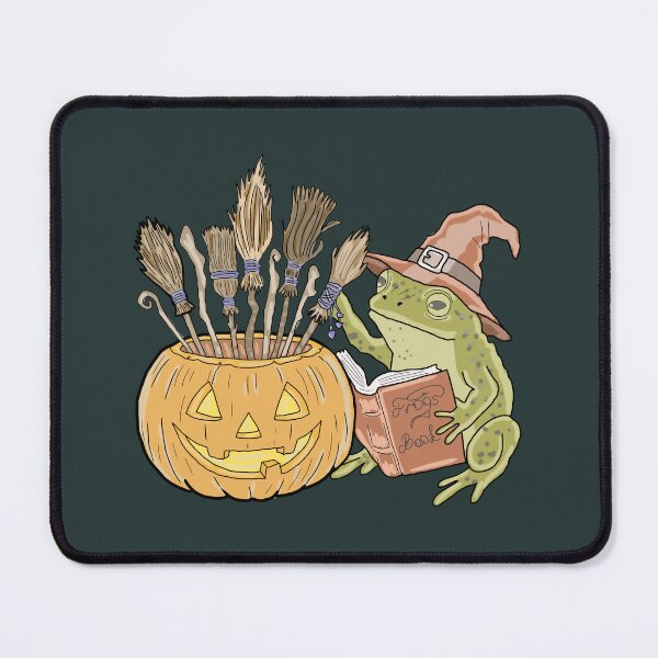 Item preview, Goblincore Halloween Frog Witch Reading Spellbook with Pumpkin Brooms designed and sold by LeshanArt.