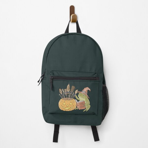 Item preview, Goblincore Halloween Frog Witch Reading Spellbook with Pumpkin Brooms designed and sold by LeshanArt.