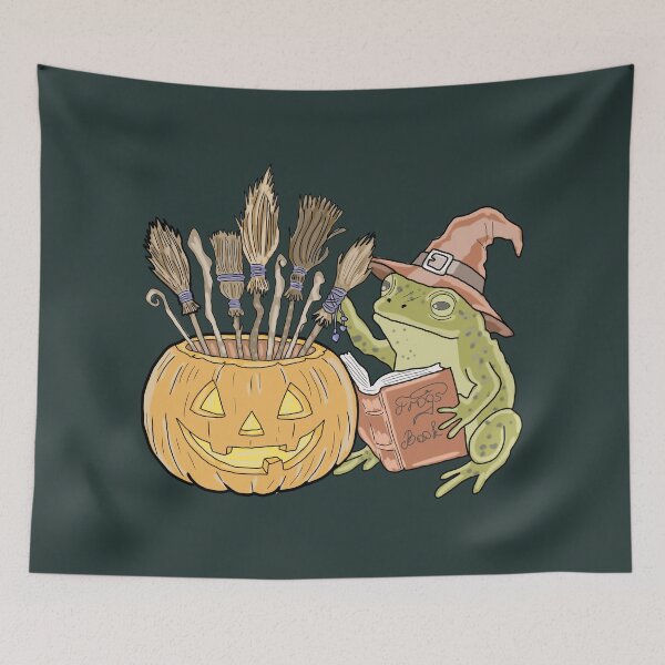 Item preview, Goblincore Halloween Frog Witch Reading Spellbook with Pumpkin Brooms designed and sold by LeshanArt.
