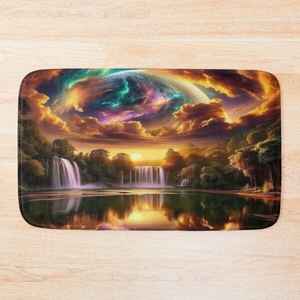 Item preview, The Portal Between Two Worlds, Fantastic Landscape with Waterfalls and Cosmic Planet - Surrealist Art with Reflection in the Lake designed and sold by RAYBIL.