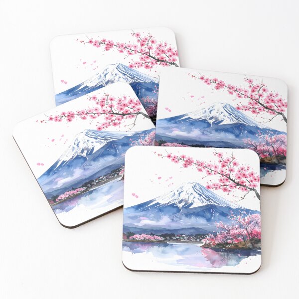 Item preview, Mount Fuji Cherry Blossom Lake Watercolor Painting designed and sold by BetweenForms.